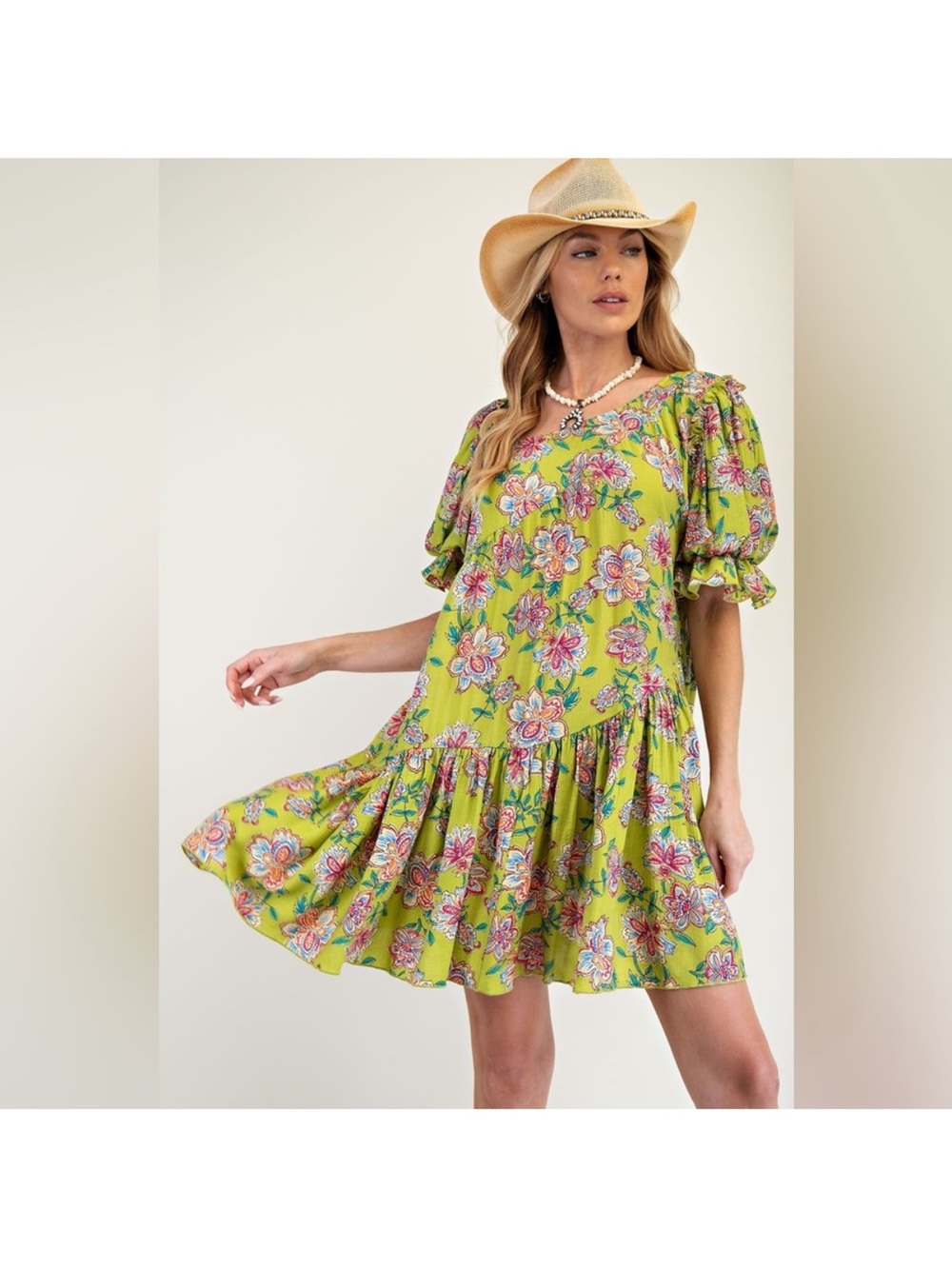 Easel Los Angeles Floral Puff-Sleeve Lime Green Baby Doll dress with Pockets